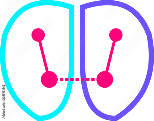 Abstract digital brain icon with two hemispheres connected by neural network nodes in neon illustration