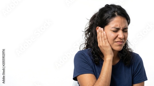 Young woman suffering from severe earache and discomfort holding her hand to her ear on a white background