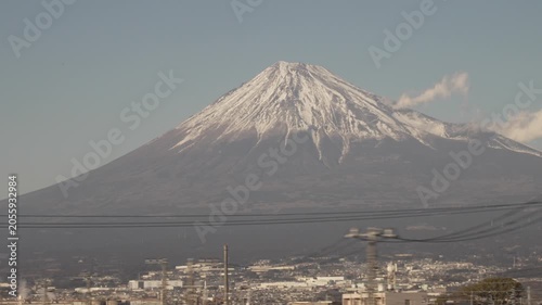 Mt Fuji in Japan from a high speed bullet train Shinkansen.