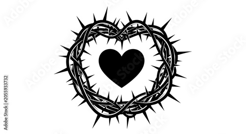Schilderij op canvas Black and White Heart Shape Surrounded by Crown of Thorns