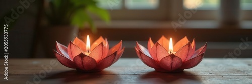 Double glass lotus candleholders burning, yoga room setting, background, peace