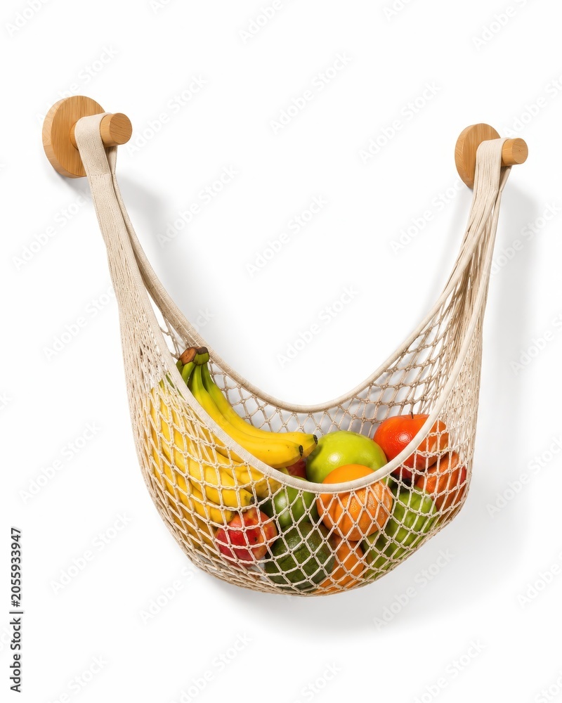 Obraz premium Minimal hanging fruit hammock setting for pet care routine on white background