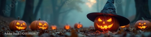 Jack o'lantern in witch hat, foggy Halloween pumpkins Trick or treat , image, pumpkin, trick or treat