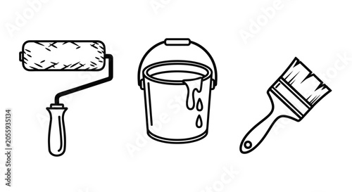 Bild auf Leinwand Painting Tools Set with Roller Brush and Bucket Icon
