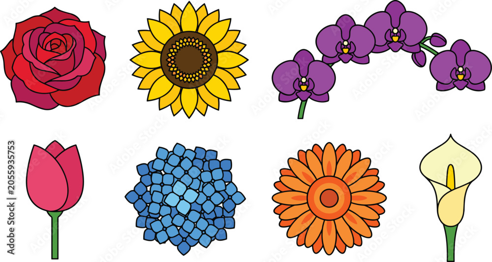 Fototapeta premium Beautiful Garden Flower Blossom Vector Icon Set with Red Rose Yellow Sunflower Purple Orchid Tulip Blue Hydrangea Daisy and Calla Lily Illustrations