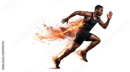 A muscular African American male athlete sprinting fast with a trail of fire and sparks on a white background.