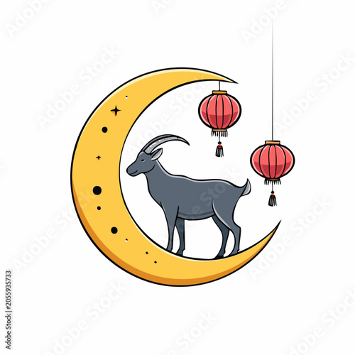 Goat on Crescent Moon with Chinese Lanterns