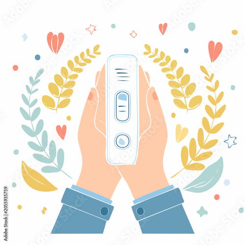 Hands holding a positive pregnancy test with decorative elements