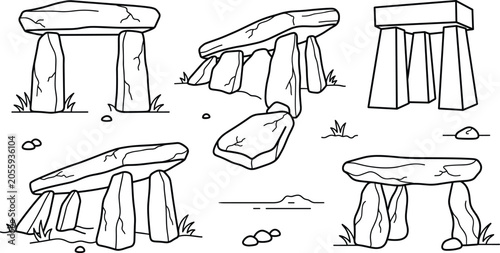 Quadro em tela Ancient dolmen and megalithic monument line icon set with stonehenge structures