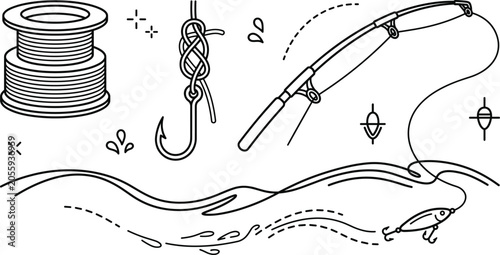 Billede på lærred Fishing gear and equipment line icon set with rod reel hook knot and lure vector