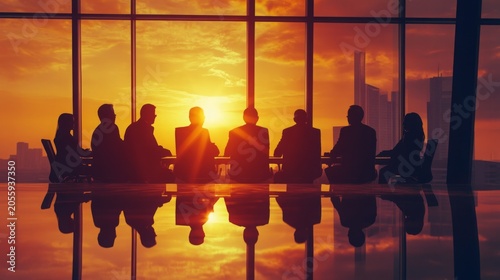 Business professionals meeting in a modern corporate boardroom at sunset, discussing strategy, leadership, teamwork, investment and growth. Silhouettes against city skyline 
