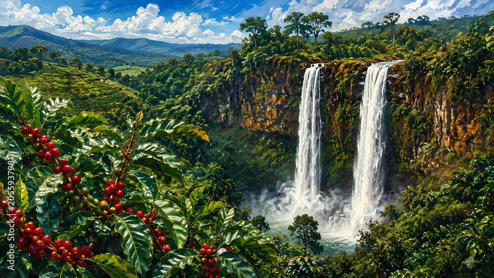 Naklejka premium Coffee plantation in the foreground with a majestic waterfall in the background, lush tropical landscape in Laos