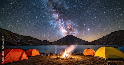 Camping tents pitched by a campfire at the edge of a mountain lake under a starry night sky, outdoor adventure and wilderness exploration.