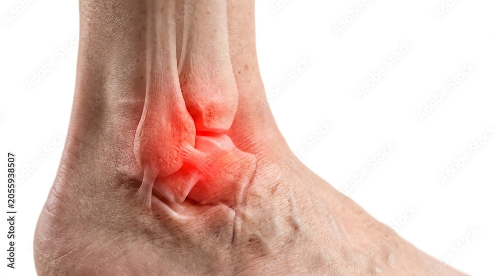 Naklejka premium Close up of a human ankle with an anatomical overlay highlighting joint pain and inflammation in the bone structure.