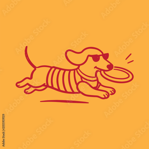 Bild auf Leinwand Minimalist monoline illustration of funny dachshund dog , playful and retro vibe