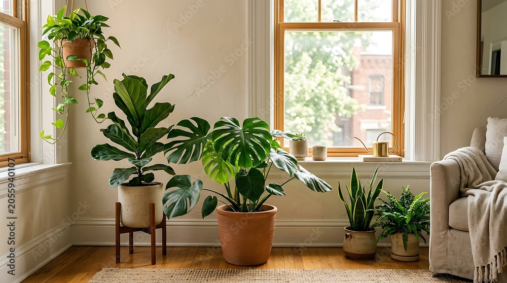 Fototapeta premium Collection of Indoor Tropical Houseplants Near Sunlit Window