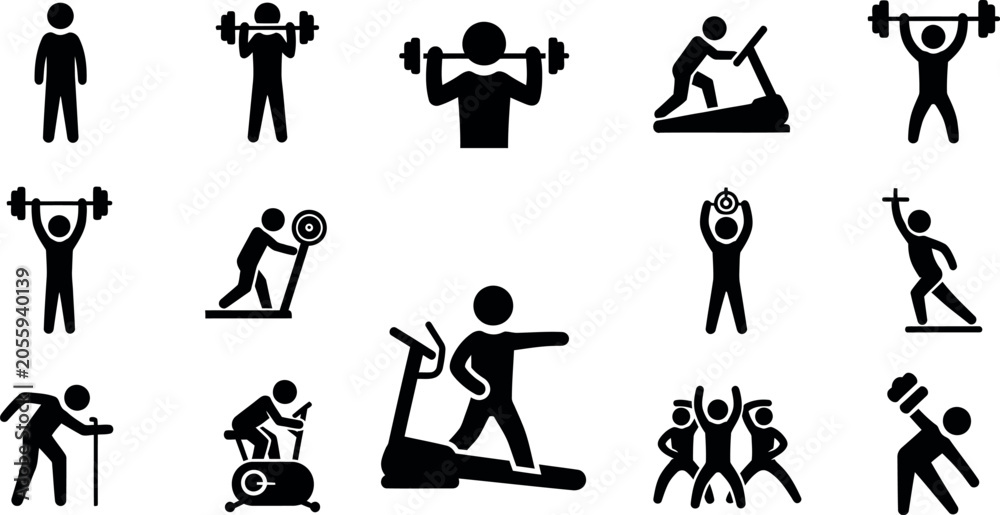 Obraz premium Various Exercise and Fitness Poses Silhouette Vector Icon Set for Workout and Training