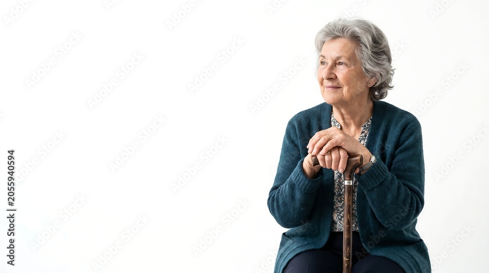 Fototapeta premium Portrait of a happy senior woman sitting and leaning on a wooden walking stick against a white background