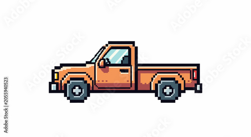 Pixel Art Orange Pickup Truck.