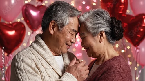 Senior Asian couple touching foreheads and smiling together against a background of red heart balloons and festive bokeh lights