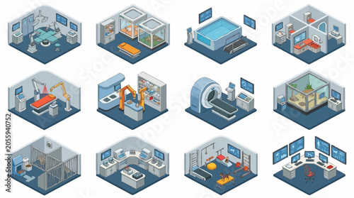Obraz na plátně Isometric medical and scientific laboratory rooms with equipment and technology