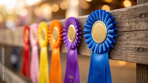 Row of colorful award ribbons hanging on wooden fence at outdoor event with hay bales and bokeh lights in background at sunset.