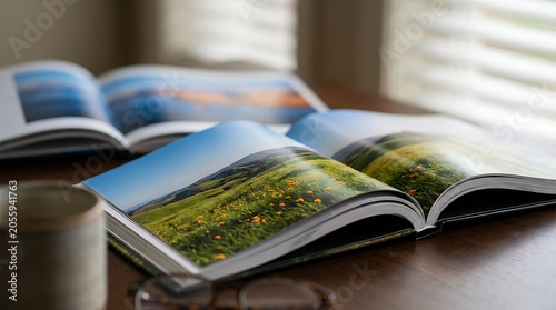 Opened books display beautiful landscape photography of rolling green hills with orange wildflowers under blue sky, nature scenes in print.