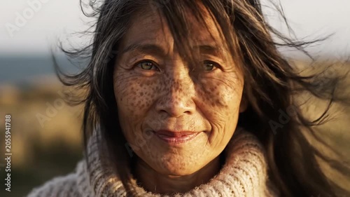 Senior Asian woman with freckles and green eyes smiling outdoors at golden hour