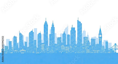 Detailed blue city skyline silhouette with prominent skyscrapers.