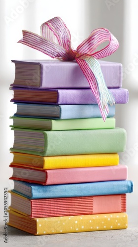Stack of colorful books tied with a ribbon.