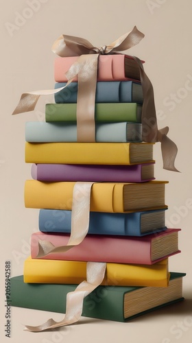 Stack of colorful books tied with ribbon.