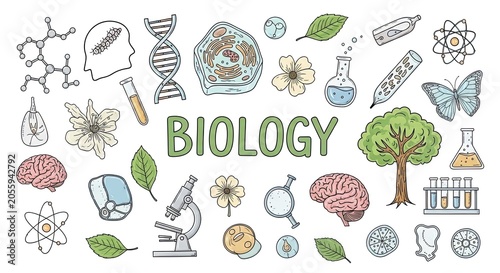 Detailed science doodles around biology text for educational use.