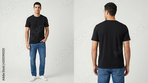 Young Man Standing and Facing Away in Casual Clothing.