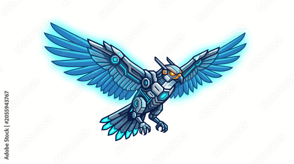 Naklejka premium Robotic bird with blue wings flying.
