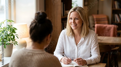 Professional woman interviewing female candidate during job recruitment session at modern office interior with warm lighting atmosphere for career growth meeting.