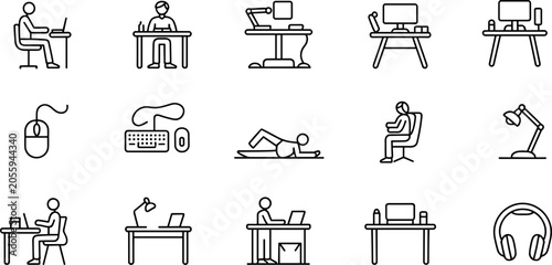 Office desk and workplace ergonomics line icon set vector illustration featuring employees computer monitors keyboards and lamps