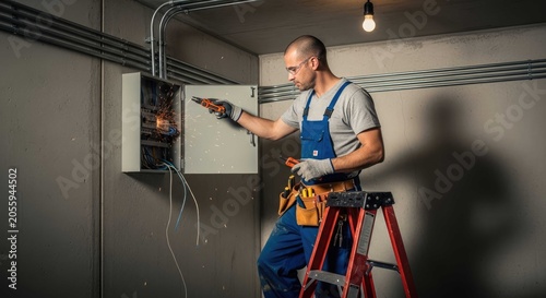 Electrician repairing electrical box with sparks flying on ladder
