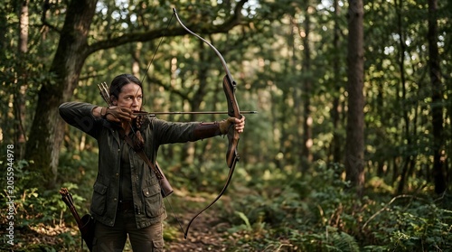 Woman focusing on archery target with longbow in a lush forest setting