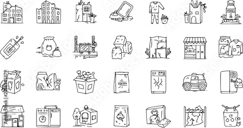 Cuadro en lienzo Hand-drawn doodle icons representing waste management, recycling, demolition, damaged buildings, old appliances, and discarded items, isolated set