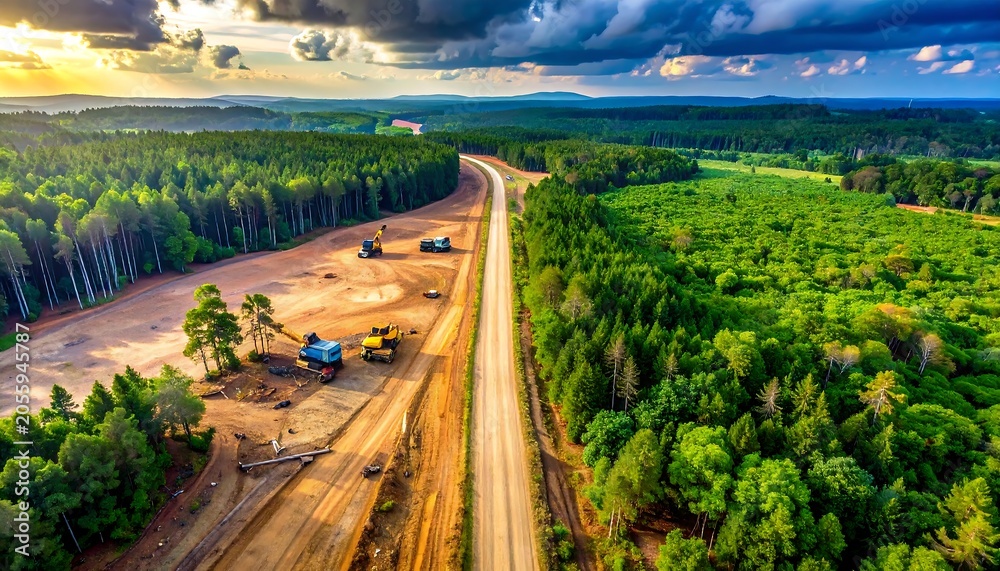 Naklejka premium Aerial drone view showing contrast of deforestation and lush green forest