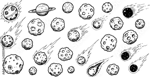 Fényképezés Hand-Drawn Celestial Bodies: Planets, Asteroids, and Comets Sketch Set