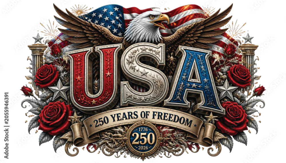 Naklejka premium USA 250 Years of Freedom Patriotic T-Shirt Design | American Eagle Flag PNG | USA 250 Anniversary Graphic