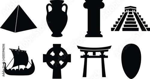 Tableau sur toile Black silhouette ancient history icon set featuring Egyptian pyramid, greek amph