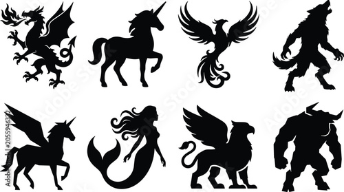 Photos Black silhouette mythical creature icon set featuring fire breathing dragon, uni