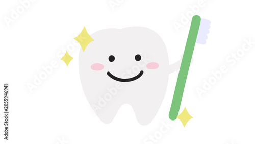 Tableau sur toile 歯ブラシを持ったかわいい歯のキャラクターイラスト
