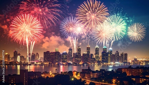 Spectacular Fireworks Display Over City Skyline at Night.