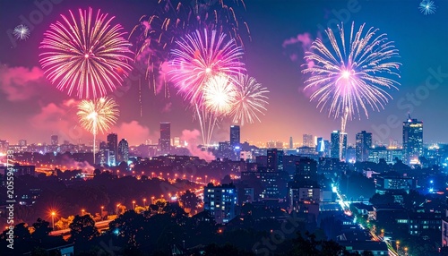 Spectacular Fireworks Display Over City Skyline at Night.
