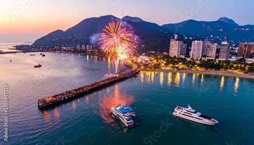 Spectacular Fireworks Display Over Coastal City at Dusk - A Vibrant Celebration.