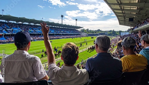 Spectators Enjoying Horse Racing Event from Grandstand Seats.