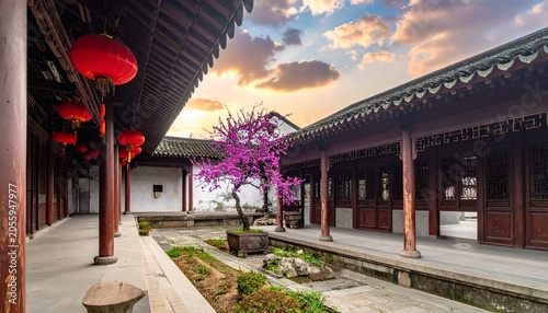 Tranquil Courtyard of a Traditional Chinese Building at Sunset.